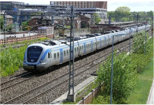 Fig. 2. A modern commuter train X60 is departing from a station in Sollentuna. 3 Calculated railway noise exposure Theoretical calculations using the Nordic prediction method for railway noise [3]  and measurements of noise exposure have been used to estim
