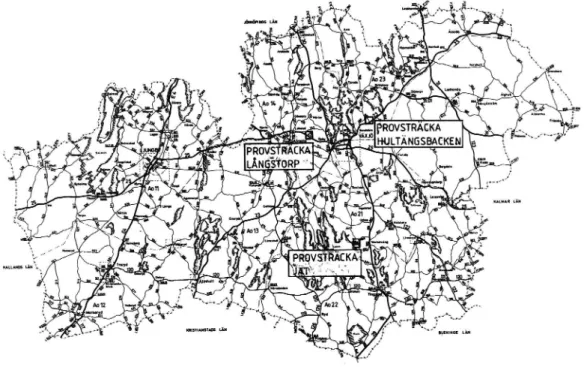 Figur 14 Översiktskarta för Kronobergs län med de tre undersökta vägsträckorna.