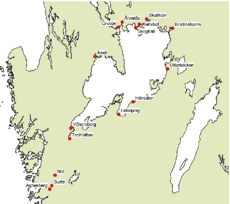 Figur 1. Karta över de hamnar som ingår i hamnområde Vänern. Källa: Grundkarta enligt  Lantmäteriet; hamnarnas koordinater enligt UN LOCODE