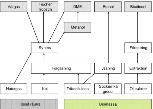 Figur 1  Översiktlig bild av råvaror, produktionssteg och slutprodukter vid tillverkning  av de biodrivmedel som omnämns i denna studie