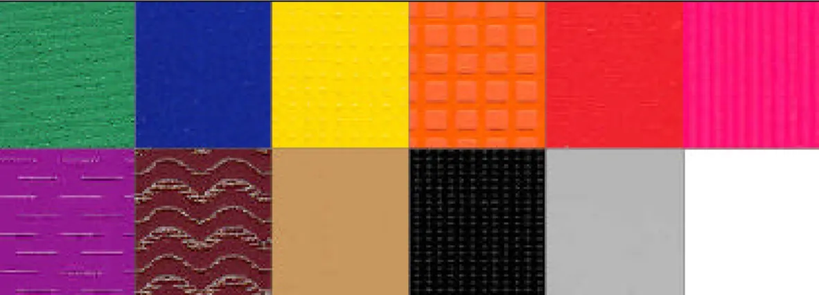 Figur 1. De taktila färgerna: grön, blå, gul, orange, röd, rosa, lila, brun, beige, svart, grå och  vit