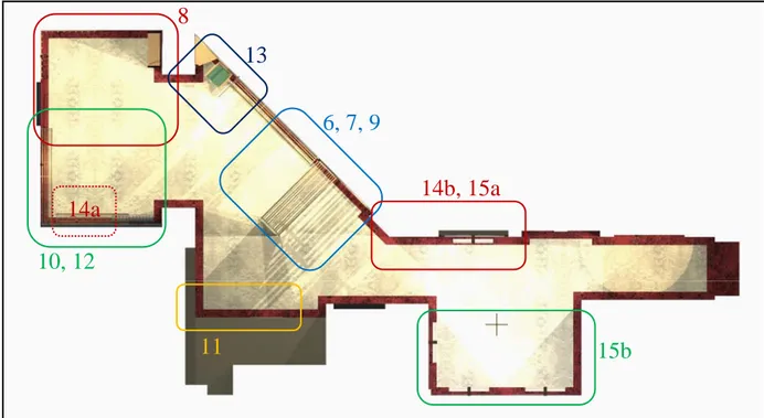 Figur 5 Plan över kapprummet enligt förslaget med markeringar som beskriver vilken del av kapprummet  som visas på de olika biderna i kapitel 8