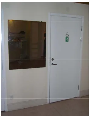 Figur 11 En av toalettdörrarna och en spegel som  föreslås få behålla sin plats 