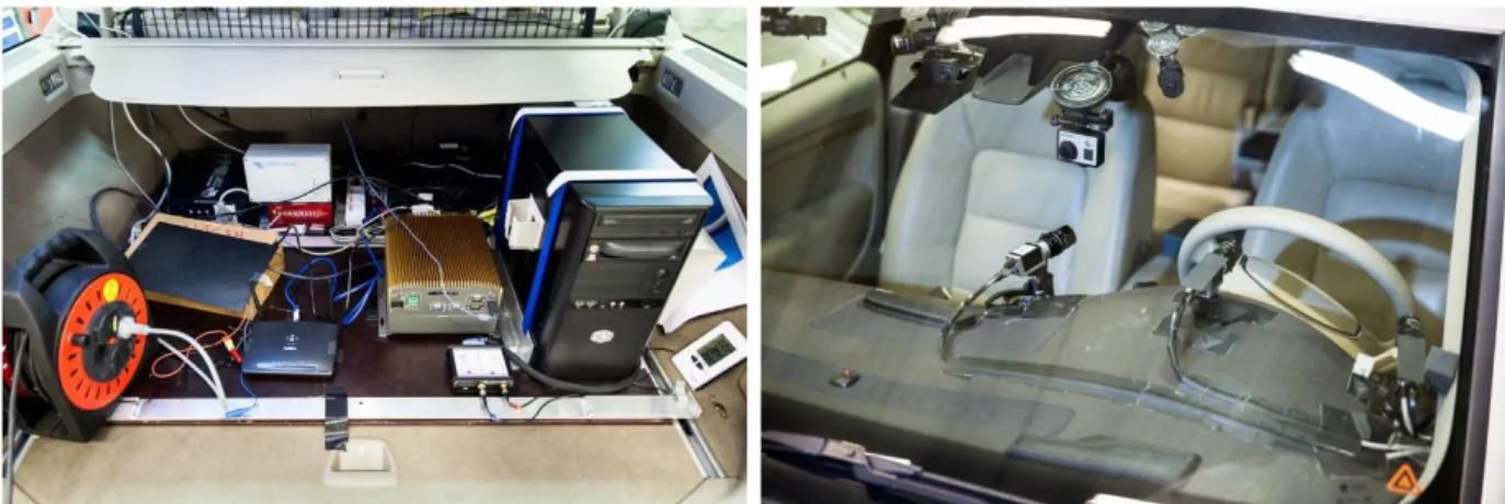 Figure 6. The logging equipment mounted in the trunk of the car (left) and the three of the eye tracking  cameras, the two cameras for the forward scene belonging to the eye tracker as well as the camera  used for recording the scene for the film-based thi