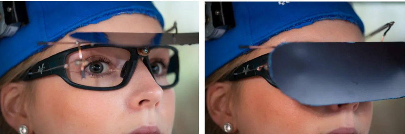 Figure 7. The mechanical occlusion glasses used in the study in open (left) and closed (right) state
