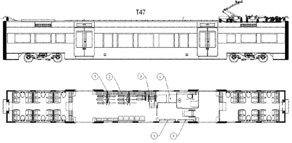 Figur 3.  Layout av vagn T47 med stora flexarean i mitten. Numrering representerar (1) Rullband; 