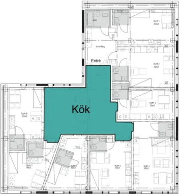 Figur  1,  Planritning  över  studentbostaden  i  Linköping     med  markerat  område  för  gemensamt  kök  