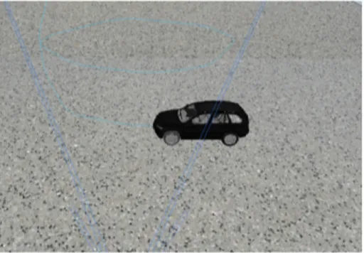 Figure 12: A car on a predetermined path(cyan) of movement in the 3D-environment of V-REP