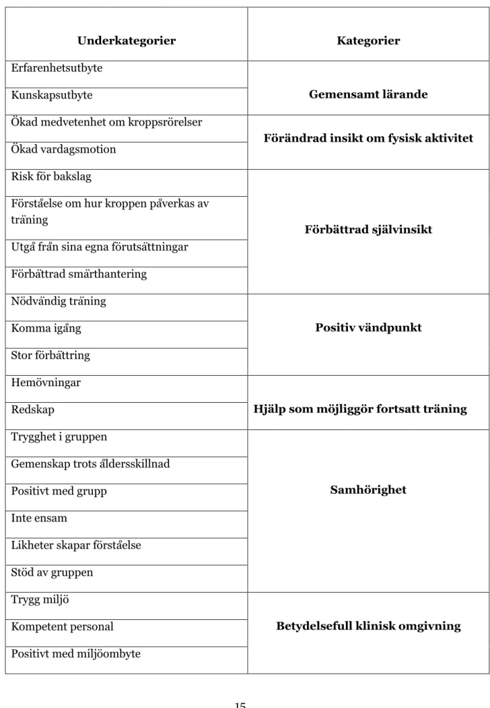 Tabell 3. Tabellen visar samtliga underkategorier och kategorier. 