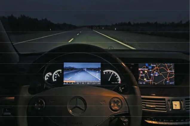 Figure 5.4  Night vision system in Mercedes cars showing the screen with image  produced by the night vision system in the centre line of the sight (near tachometer) as  seen by the driver through the steering wheel