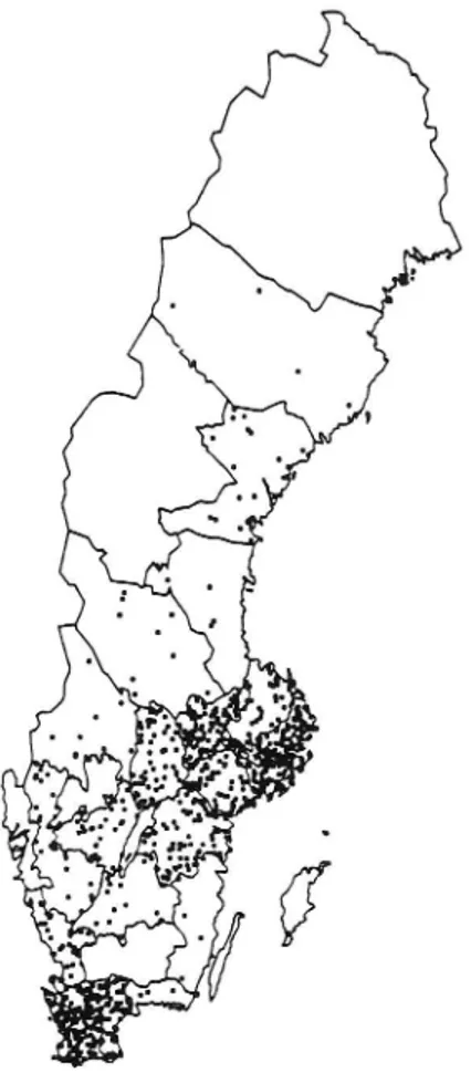 Figur 1. Karta Över kommuner som har skolpatruller. En prick är en kommun (n=88).