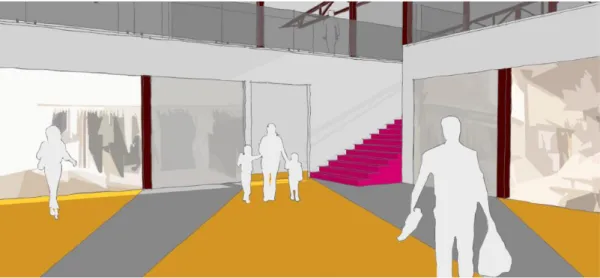 Figur 14. Vy sett åt höger innanför entrén. Här syns de gula markeringarna som vägleder till butikerna och  passagen (dörröppningen direkt till vänster om trappen)
