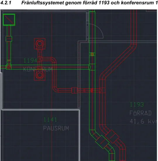 Figur 20 Överblick kring frånluftssystemet, med fokus på konferensrum 1194 och förråd 1193 