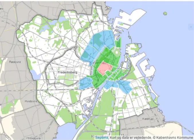 Figur 4 Karta över Köpenhamns zonindelning. Källa: Köpenhamns Kommune, 