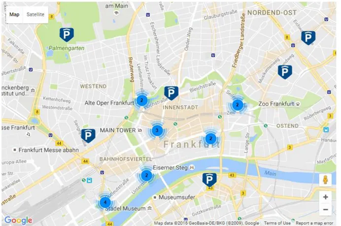 Figur 7 Karta över Frankfurt am Main och dess placering av offentliga parkeringshus, ägda av PBG( 