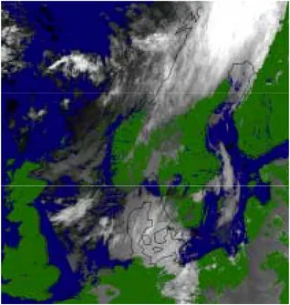 Figur 3.4  Satellitbild över Sverige. Bilden visar förekomst av moln och molnhöjd (SMHI).