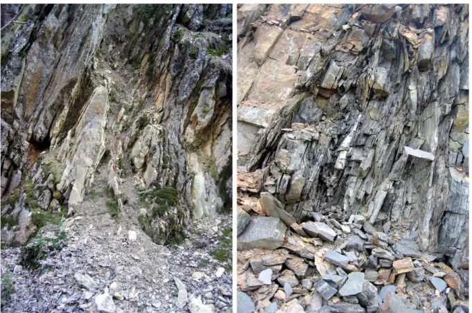 Figur 5  Exempel på makrostrukturer. Bilden till vänster visar ”kraftig” veckning av  berggrunden (plastisk deformation) och bilden till höger en rörelsezon (spröd  deformation) i bergmassan