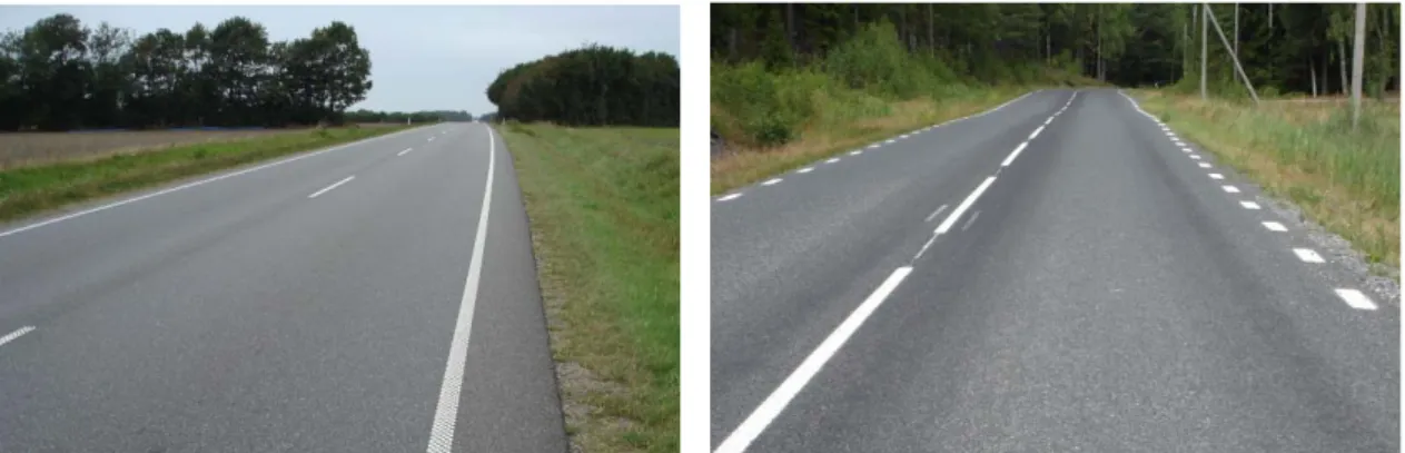 Figure 3  Typical test sections in Denmark and Sweden with continuous (left) and  broken (right) edge lines