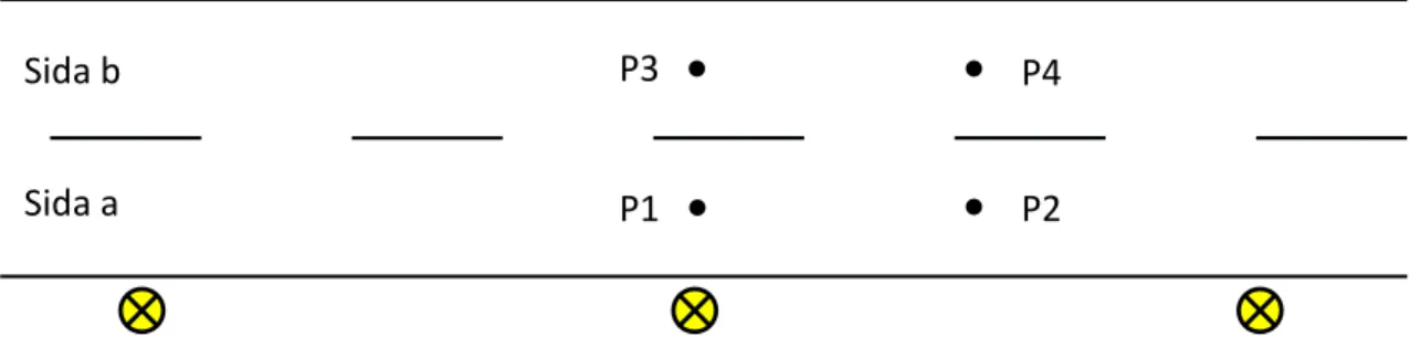 Figur 3 Mätpunkter för belysningsstyrka. 