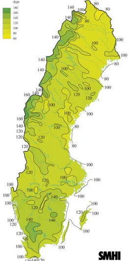 Figur 20 Statistisk på antal nederbördsdagar i Sverige år 2010 [Lånad av SMHI] Källa: (Sveriges  meteorologiska och hydrologiska institut, 2010) 