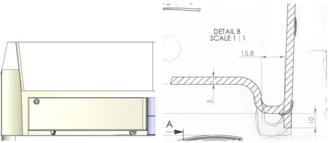 Figure 11.42: Front view of box with clearance between  lower edge and deck  Figure 11.43: Cross section of box showing the raised bottom and gutter    Important to note with this construction is that the table is located in front of the sofa. Two mounting