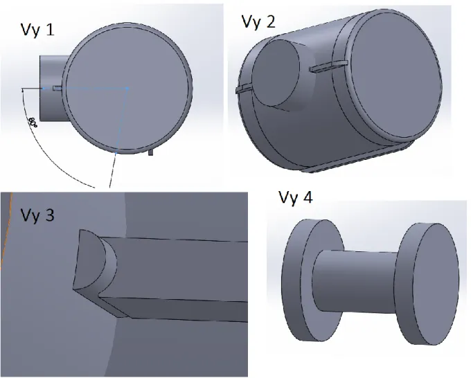 Figur 17: Olika vyer av hur fällbarheten skulle kunna fungera på underkroppsstödet. 