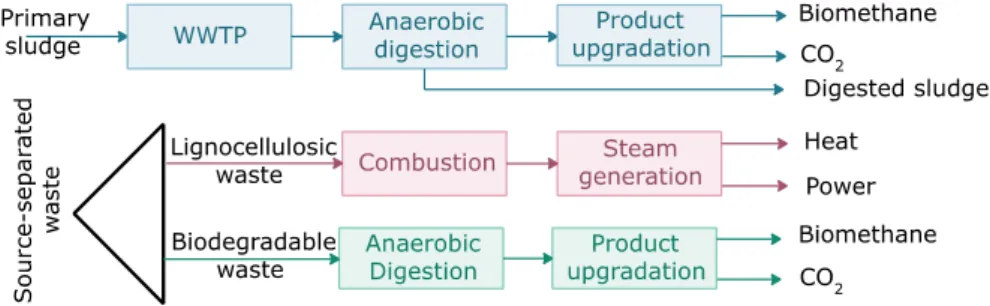 Figure 19: Sludge, biodegradable and lignocellulosic waste utilization in  base standalone biogas and combustion processes 