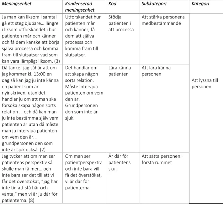 Tabell 1: Utdrag ur analysmatris. 