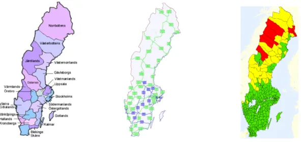 Figure 2  Maps illustrating the counties, state roads, and accessibility to tourism  destinations in Sweden (source: Swedish Transport Administration)    Sweden is by international standards a sparsely populated country, especially in the north, and  curre