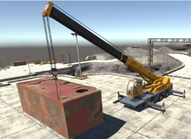Figure 2. The virtual mobile crane and the virtual environment used in this study.