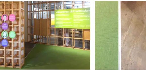 Figur 11 och 12. Introduktionen till utställningen med en grön heltäckningsmatta och ett grått  betonggolv