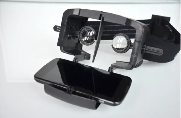 Figure 2.3: The Durovis Dive mounting device is pictured to show how the phone is being mounted and how the lenses are placed