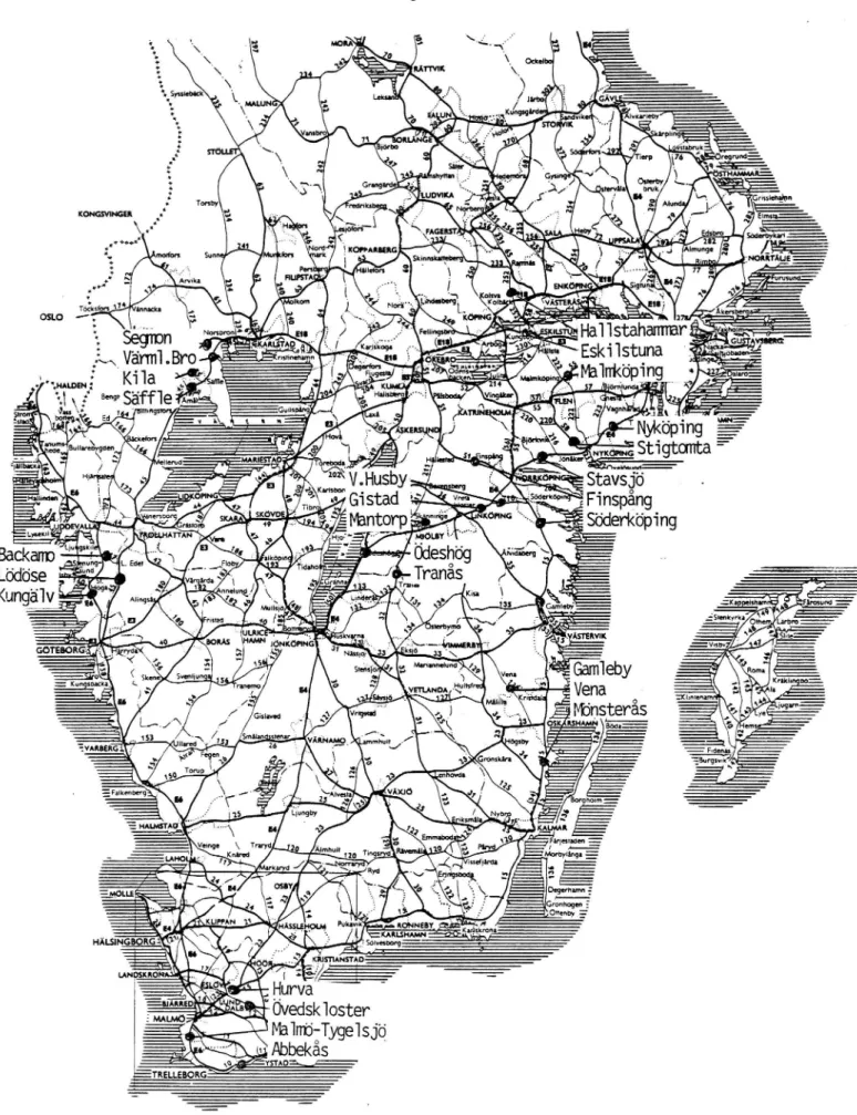 Figur 2. Karta över mätplatsemas geografiska lägen. Södra Sverige.