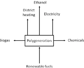 Figure 6. General flow diagram of a polygeneration system with  ethanol, district heating, electricity and other chemicals