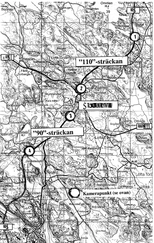 Figur 1 De undersökta sträckorna på E22 norr och söder om Björnsholm.