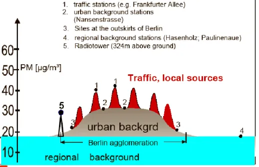Figur 2. Illustration av bidrag till halter av PM10 i Berlin. Källa: CAFE WGPM (2004)