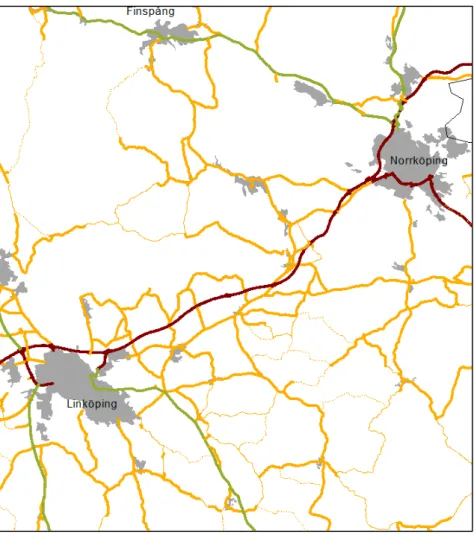 Figure 4: National roads around two cities in middle Sweden. The thickness of a line indicates  the marginal cost of wear and tear, with thin roads indicating low costs