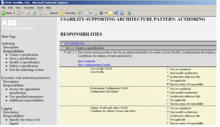 Figure 2: Prototype of a web-based interface for delivering USAP responsibilities to industry software architects