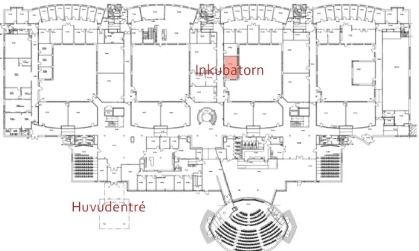 Figur 2. Planritning över R-huset på Campus i Västerås, bottenplan. 