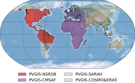 Figur 9  Täckning för de olika solstrålningsdatabaser  som används  i PVGIS (PVGISb).   