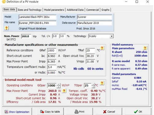 Figur 16  Data för solcellsmodul som användes  i PVsyst.  