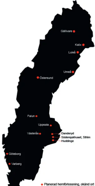 Fig. 5 Bilden visar enkätundersökningens 13 olika förlossningsorter.  