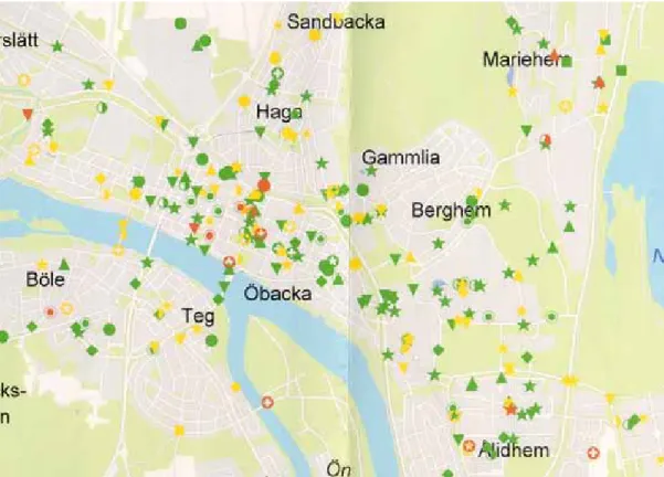 Figur 6  Utdrag ur karta med redovisning av sjukhusrapporterade skadade cyklister i  Umeå under 2004