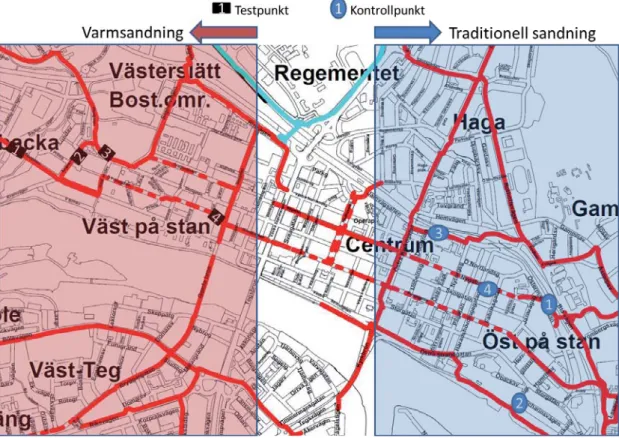 Figur 2 Indelning av den centrala tätorten i Umeå i testområde ”Väst på stan” och  kontrollområde ”Öst på stan”