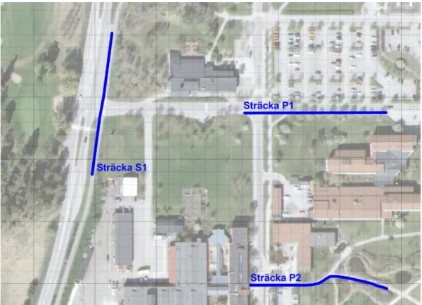 Figur 9. Detaljerad karta över mätplats på sopsaltstråk (S1) och referenssträckor (P1 och P2) som  plogas och sandas, där ”dagliga” väglagsobservationer och friktionsmätningar genomfördes