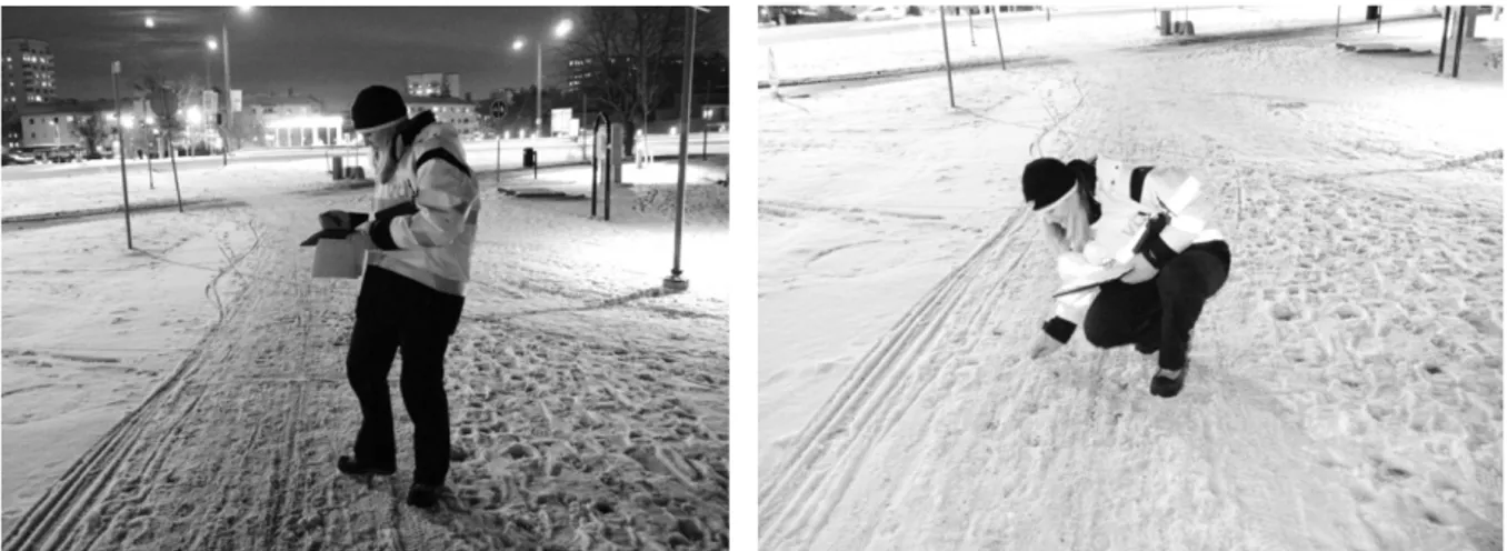 Figur 8. Väglagsobservationer på kontrollsträckan på det osaltade stråket, vid Bergslagsplan, den 15  januari 2014  – 0,5 cm lös snö på packad snö