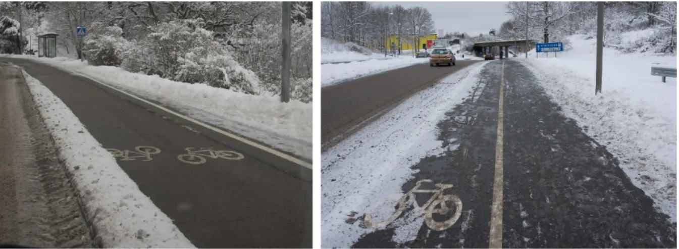 Figur 8. Skillnad i väglag på olika delar av de sopsaltade cykelstråken, vid lunchtid den 23 januari  2015
