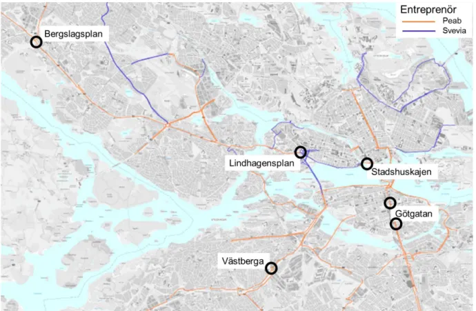 Figur 2. VTI:s mätplatser för utvärdering av sopsaltning på cykelstråken i Stockholm vintern 2016/17  med två olika entreprenörer