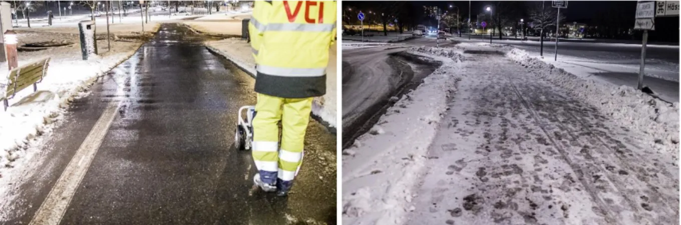 Figur 7. Väglaget på det sopsaltade cykelstråket vid Bergslagsplan (t.v.) och på intilliggande  referenssträcka som inte sopsaltas (t.h.), vid 17-tiden söndagen den 11 december 2016