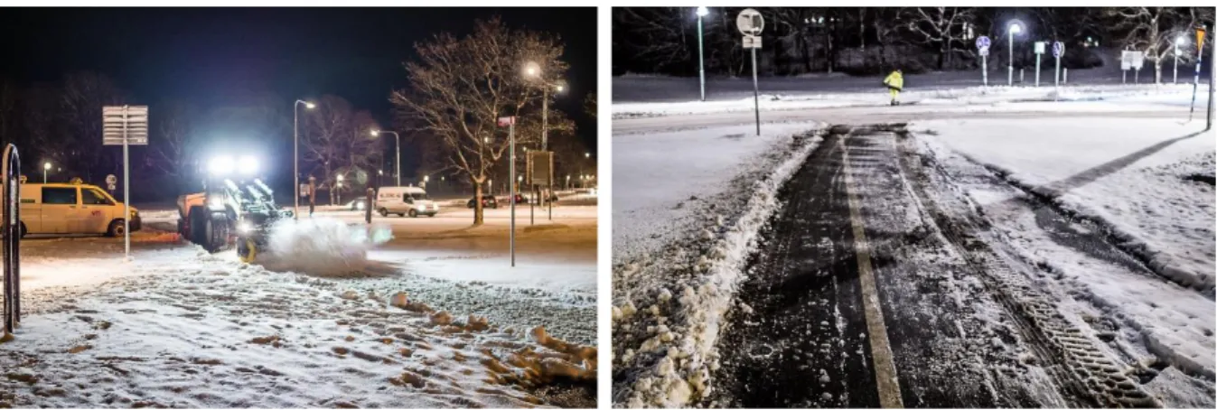 Figur 31. Sopning av en del av gång- och cykelvägen som utgör referenssträckan vid Bergslagsplan,  som vanligtvis inte sopsaltas